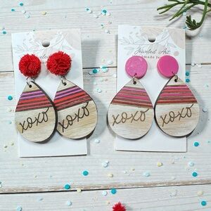 Jeweled Art Hand-Painted XOXO Engraved Teardrop Wood Engraved Earrings